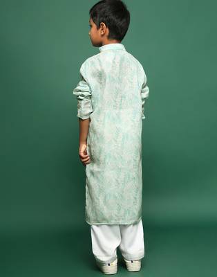 green cotton printed kurta pajama for kids 5