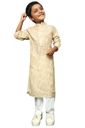 light yellow cotton printed kurta pajama for kids