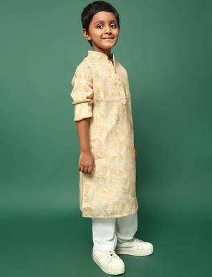 light yellow cotton printed kurta pajama for kids 2