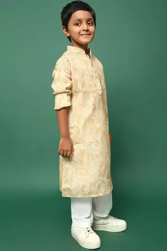 light yellow cotton printed kurta pajama for kids