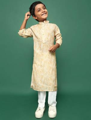 light yellow cotton printed kurta pajama for kids 3