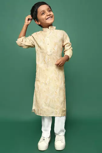 light yellow cotton printed kurta pajama for kids