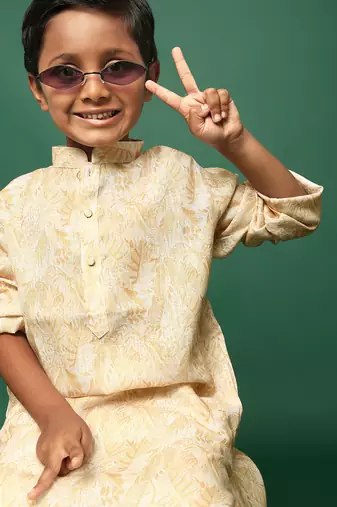 light yellow cotton printed kurta pajama for kids