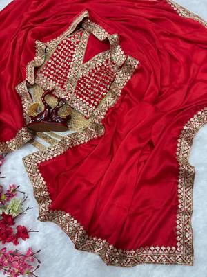 Red Color Sequence Embroidery Work  Rangoli Silk blend Saree 4