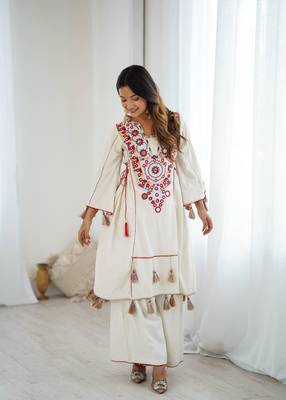 Women Beautiful Thread Work Pure Khadi Cottan with Flared Kurta Palazzo Set 1