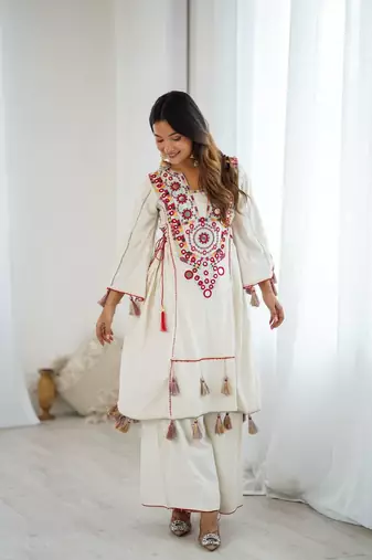 Women Beautiful Thread Work Pure Khadi Cottan Fabric with Flared Kurta, Palazzo Set