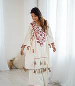 Women Beautiful Thread Work Pure Khadi Cottan Fabric with Flared Kurta, Palazzo Set