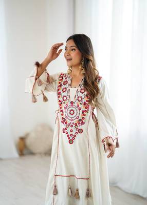 Women Beautiful Thread Work Pure Khadi Cottan with Flared Kurta Palazzo Set 2