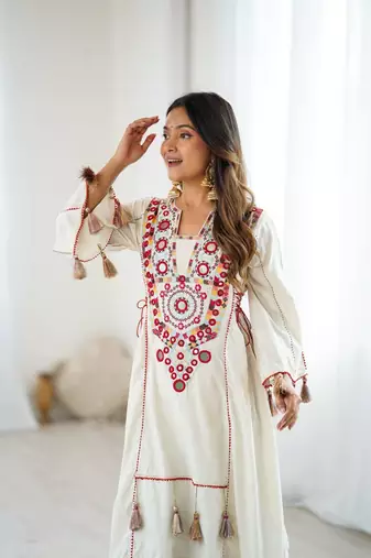 Women Beautiful Thread Work Pure Khadi Cottan with Flared Kurta Palazzo Set