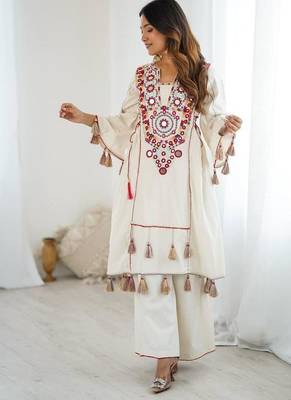 Women Beautiful Thread Work Pure Khadi Cottan with Flared Kurta Palazzo Set 3