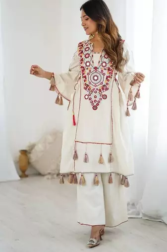 Women Beautiful Thread Work Pure Khadi Cottan with Flared Kurta Palazzo Set