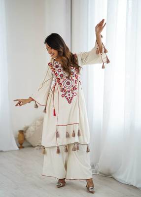 Women Beautiful Thread Work Pure Khadi Cottan with Flared Kurta Palazzo Set 4