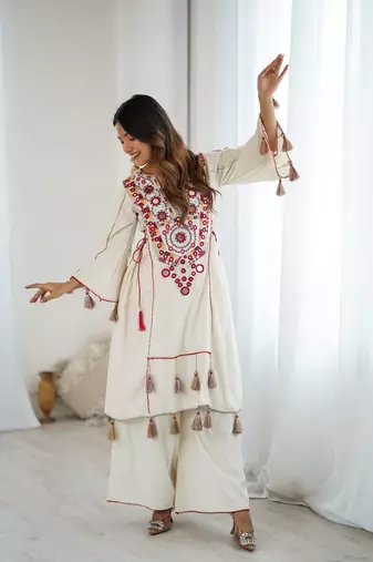 Women Beautiful Thread Work Pure Khadi Cottan with Flared Kurta Palazzo Set