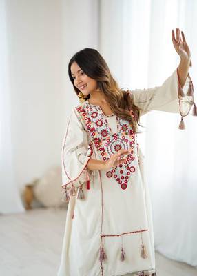 Women Beautiful Thread Work Pure Khadi Cottan with Flared Kurta Palazzo Set 5
