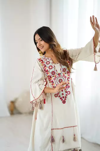 Women Beautiful Thread Work Pure Khadi Cottan with Flared Kurta Palazzo Set