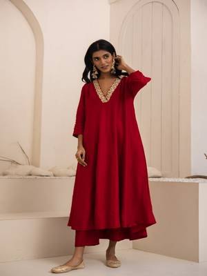 Red plain dola silk anarkali set with neckline embroidery 1