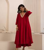 Red plain dola silk anarkali set with neckline embroidery