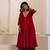 Red plain dola silk anarkali set with neckline embroidery