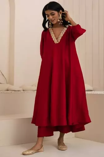 Red plain dola silk anarkali set with neckline embroidery