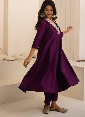 Purple plain dola silk anarkali set with neckline embroidery 1