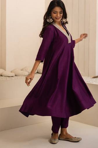 Purple plain dola silk anarkali set with neckline embroidery