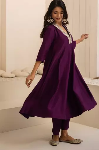 Purple plain dola silk anarkali set with neckline embroidery