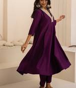 Purple plain dola silk anarkali set with neckline embroidery