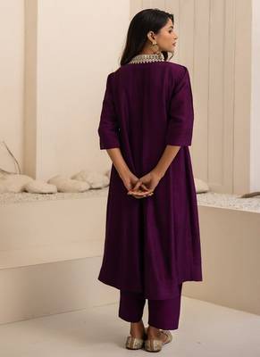 Purple plain dola silk anarkali set with neckline embroidery 2