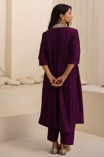 Purple plain dola silk anarkali set with neckline embroidery