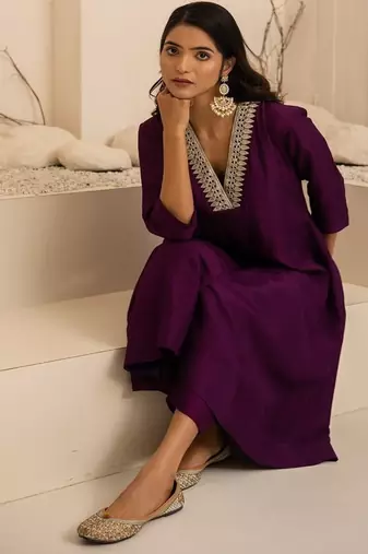 Purple plain dola silk anarkali set with neckline embroidery