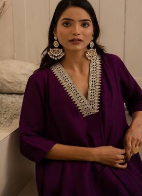 Purple plain dola silk anarkali set with neckline embroidery 4