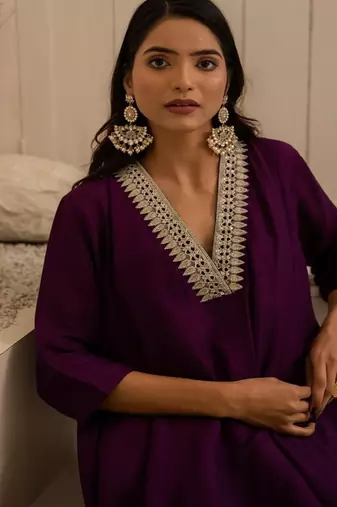 Purple plain dola silk anarkali set with neckline embroidery