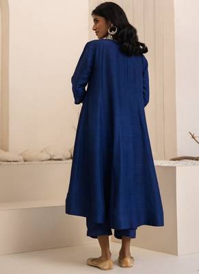 Navy blue plain dola silk anarkali set with neckline embroidery 2
