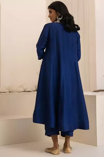 Navy blue plain dola silk anarkali set with neckline embroidery