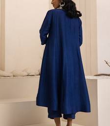 Navy blue plain dola silk anarkali set with neckline embroidery