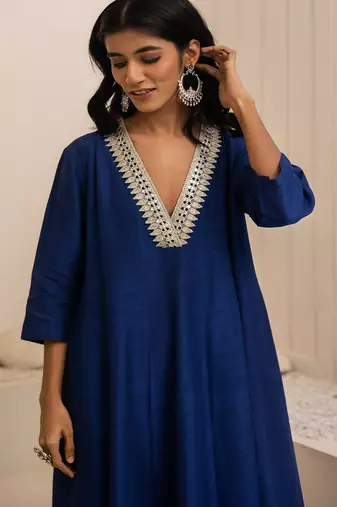 Navy blue plain dola silk anarkali set with neckline embroidery
