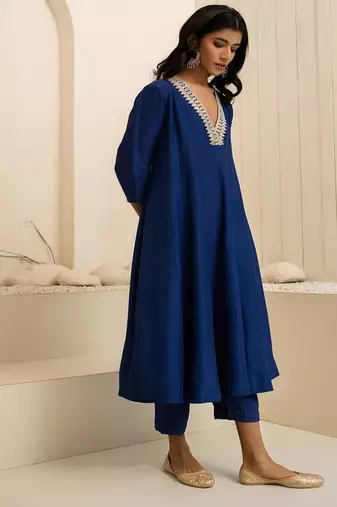 Navy blue plain dola silk anarkali set with neckline embroidery