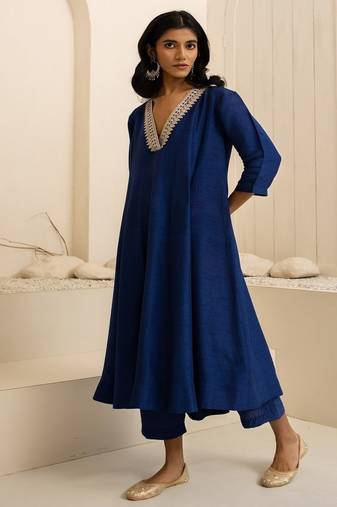 Navy blue plain dola silk anarkali set with neckline embroidery