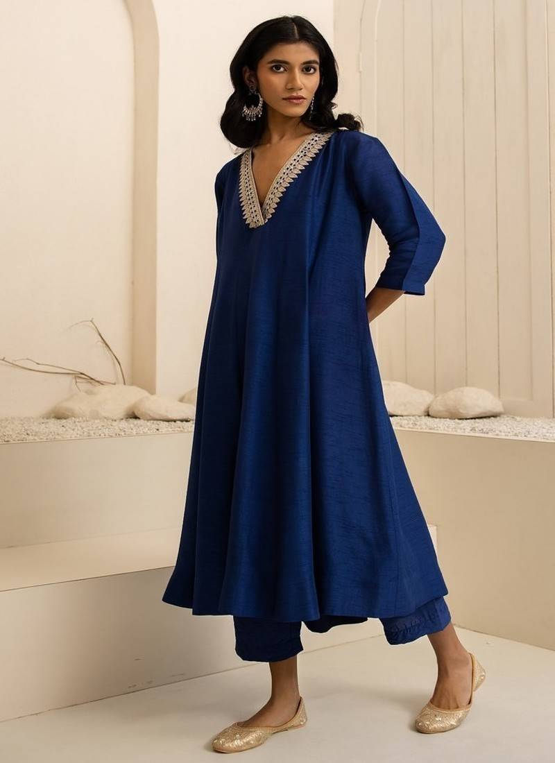 Navy blue plain dola silk anarkali set with neckline embroidery