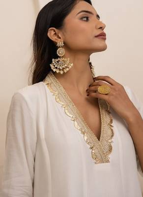 Ivory plain dola silk anarkali set with neckline embroidery 4