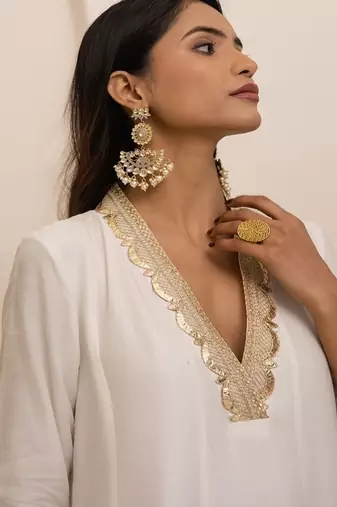 Ivory plain dola silk anarkali set with neckline embroidery