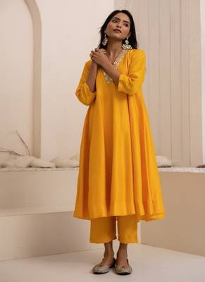 Yellow plain dola silk anarkali set with neckline embroidery 1