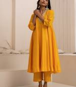 Yellow plain dola silk anarkali set with neckline embroidery