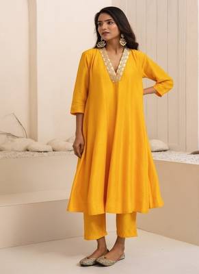 Yellow plain dola silk anarkali set with neckline embroidery 2