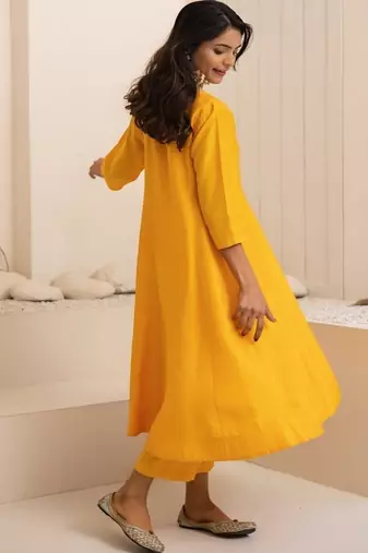 Yellow plain dola silk anarkali set with neckline embroidery