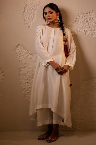 Ivory plain dola silk anarkali set