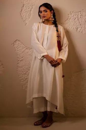 Ivory plain dola silk anarkali set