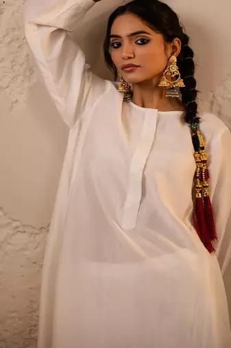 Ivory plain dola silk anarkali set