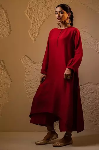 Red plain dola silk anarkali set