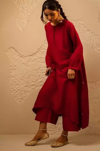 Red plain dola silk anarkali set